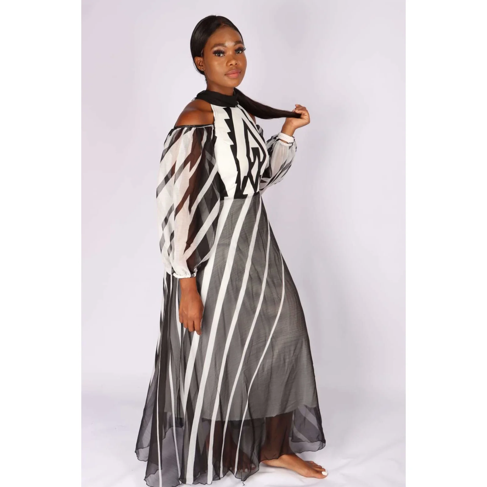 Cut off The Shoulder Irregular Striped Dress - Image 10