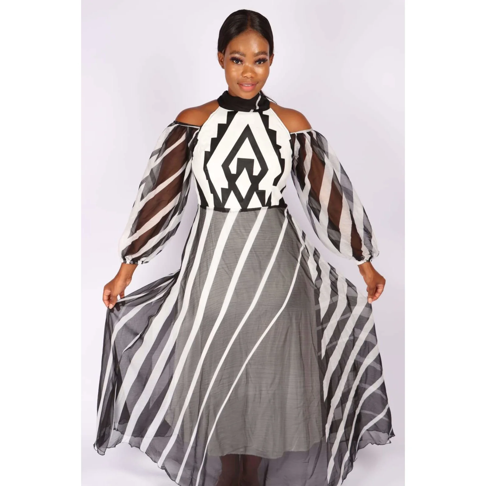 Cut off The Shoulder Irregular Striped Dress - Image 4