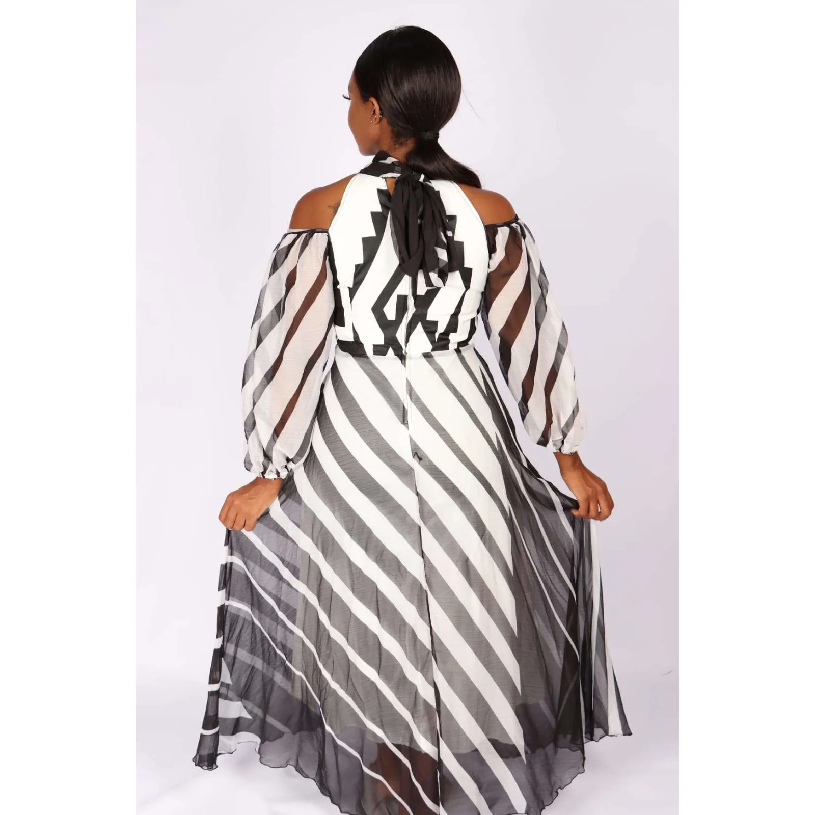 Cut off The Shoulder Irregular Striped Dress - Image 6