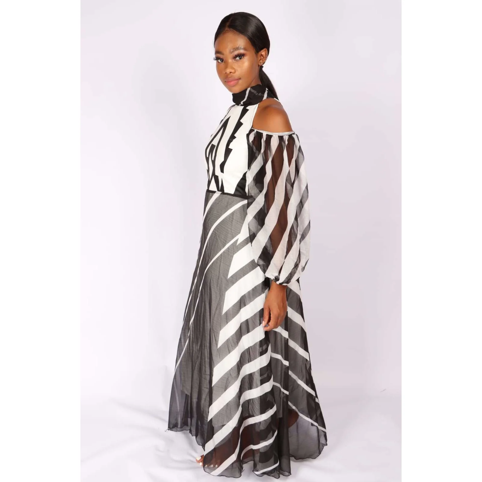 Cut off The Shoulder Irregular Striped Dress - Image 7