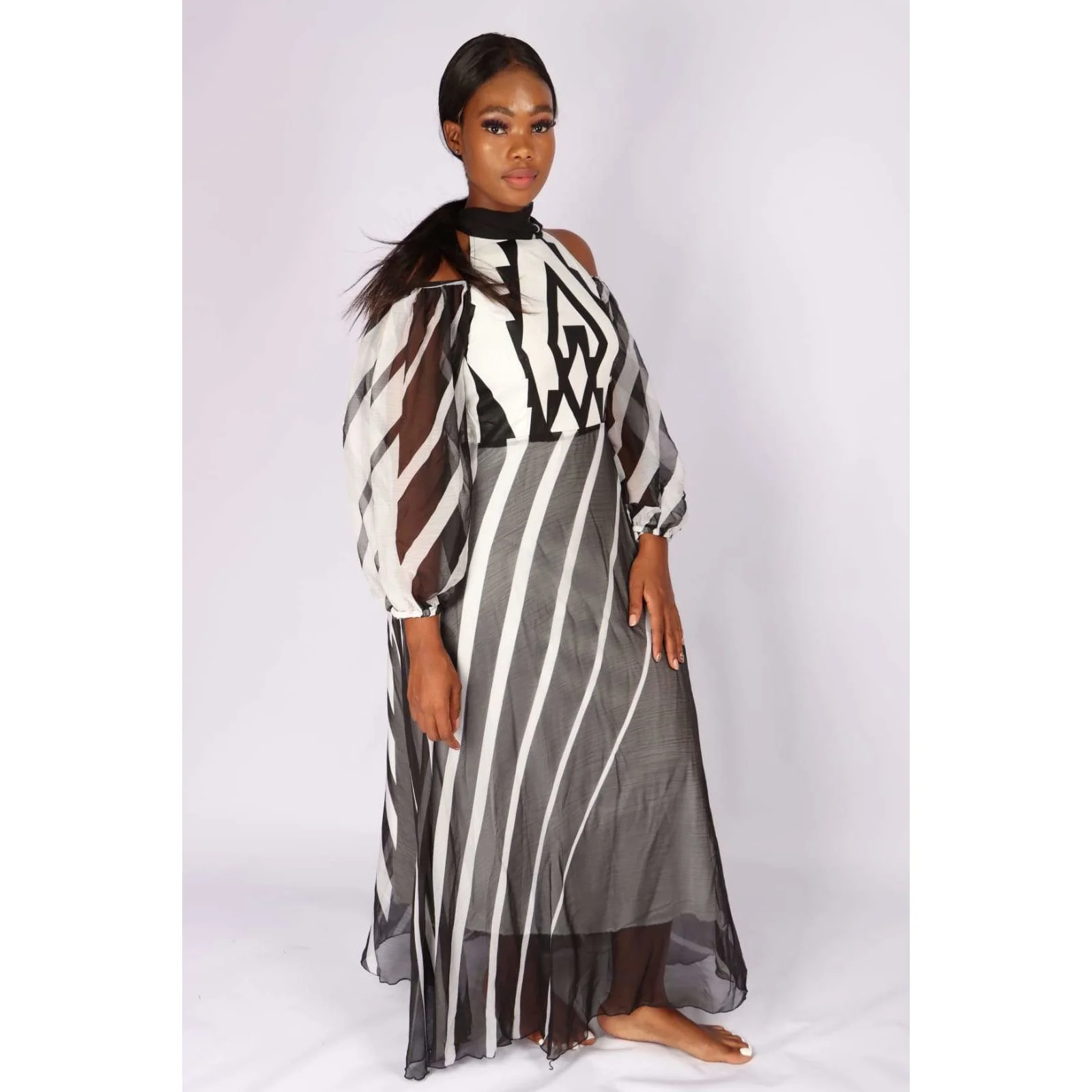 Cut off The Shoulder Irregular Striped Dress - Image 9