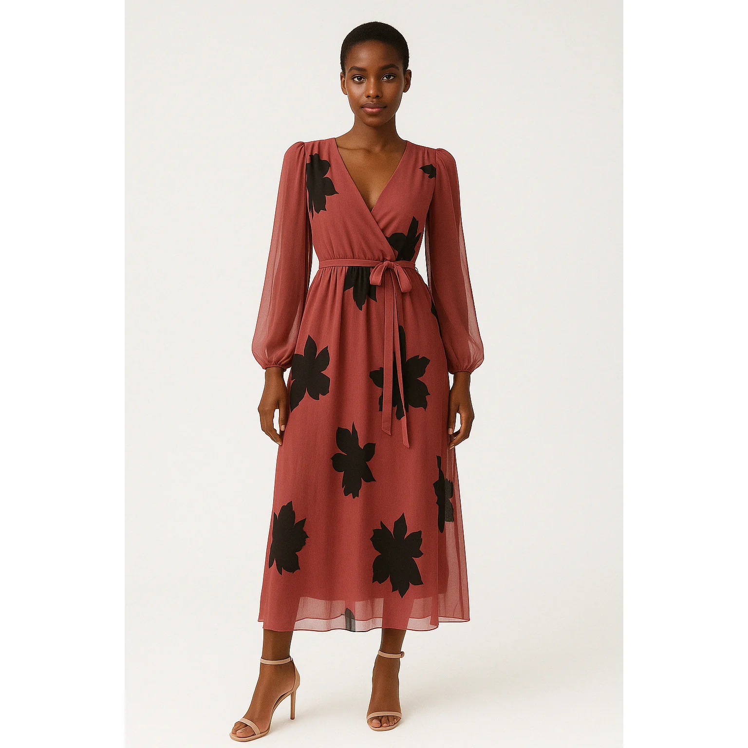 Floral V-Neck Long Sleeve Printed Dress - Image 3