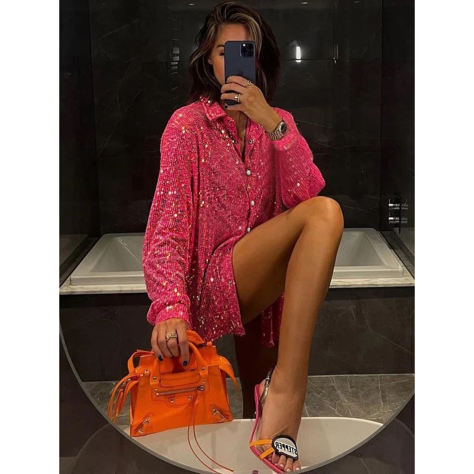Long Sleeve Buttoned Sequin Shirt - Image 2