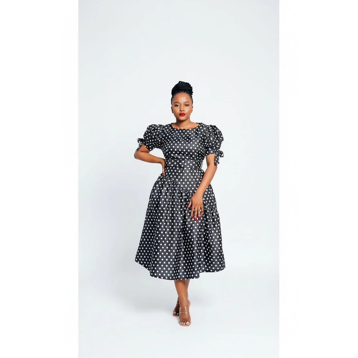 Short Sleeve High Waist Dotted Dress - Image 3