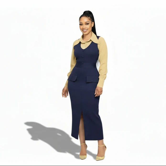 Plus Size Corporate Pinafore Slit Midi Pencil Dress & Shirt Set - Image 2