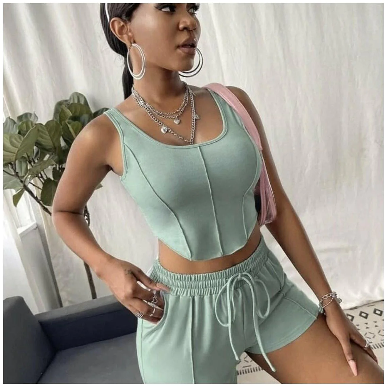 Crop Tank Top Drawstring Waist Track Shorts Set - Image 4