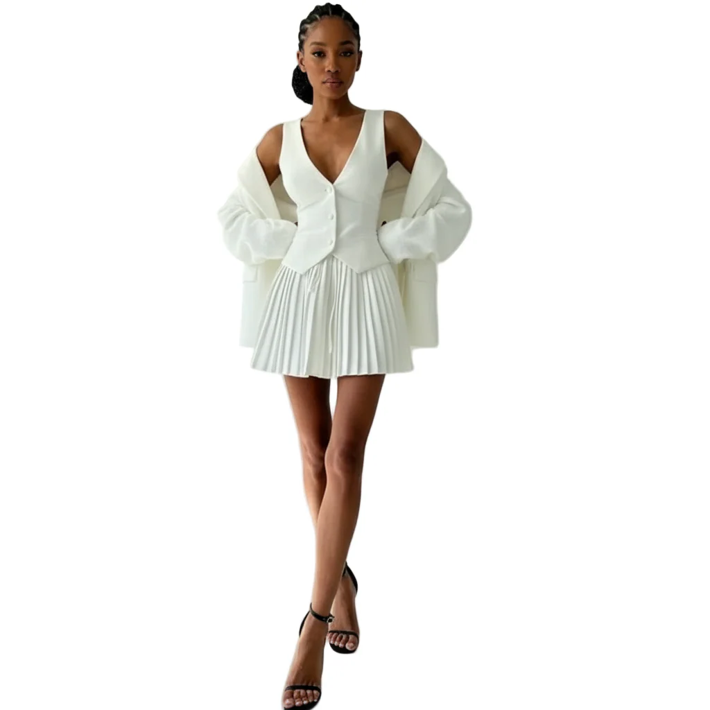 Crop Vest, Long Sleeve Blazer And Pleated Mini Skirt 3 Pieces Set