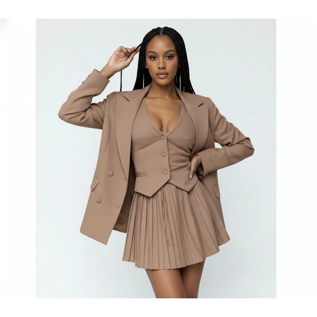 Crop Vest, Long Sleeve Blazer And Pleated Mini Skirt 3 Pieces Set - Image 5