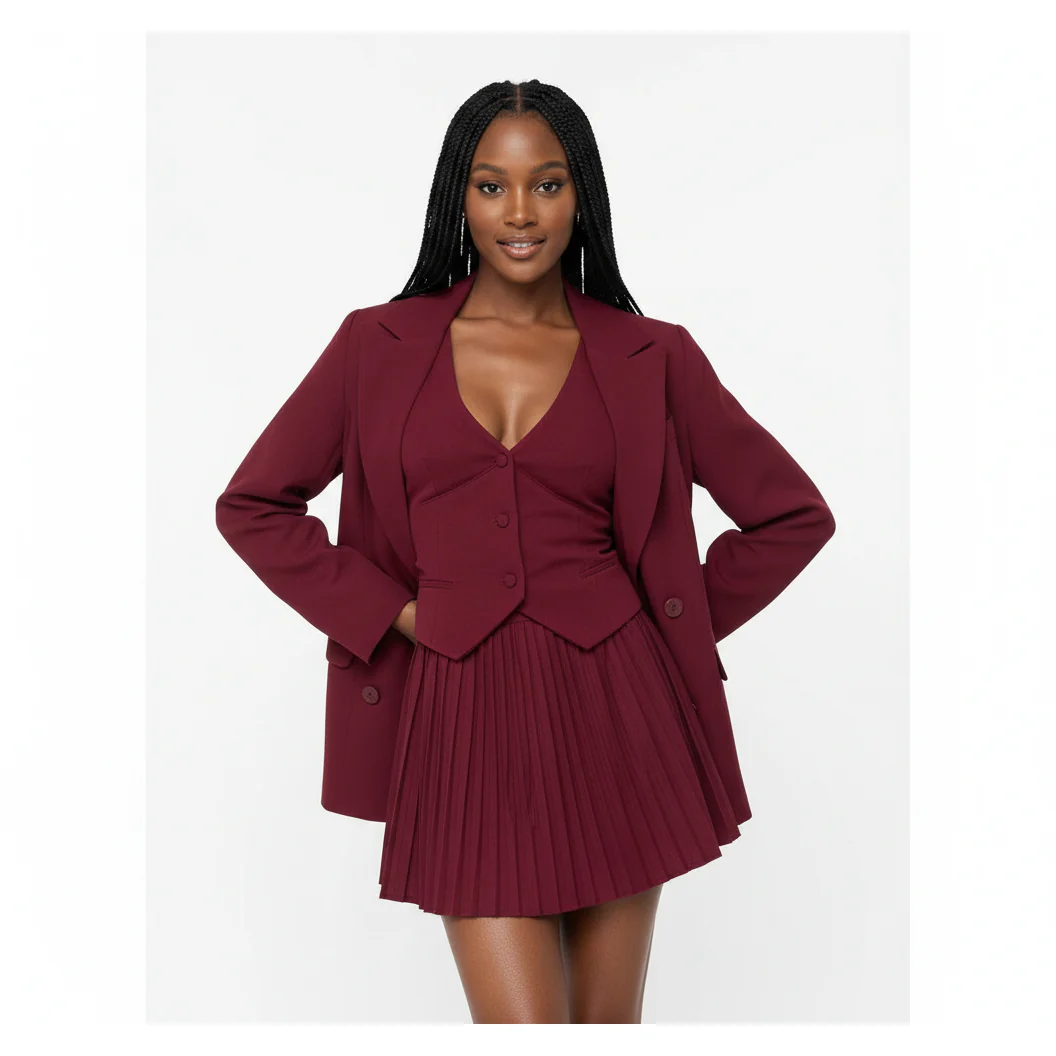 Crop Vest, Long Sleeve Blazer And Pleated Mini Skirt 3 Pieces Set - Image 6