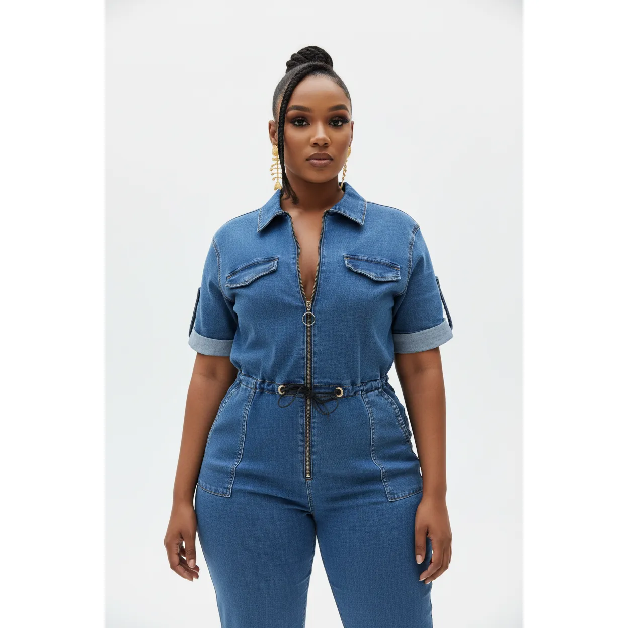 Short Denim Zipper Jumpsuit - Image 2