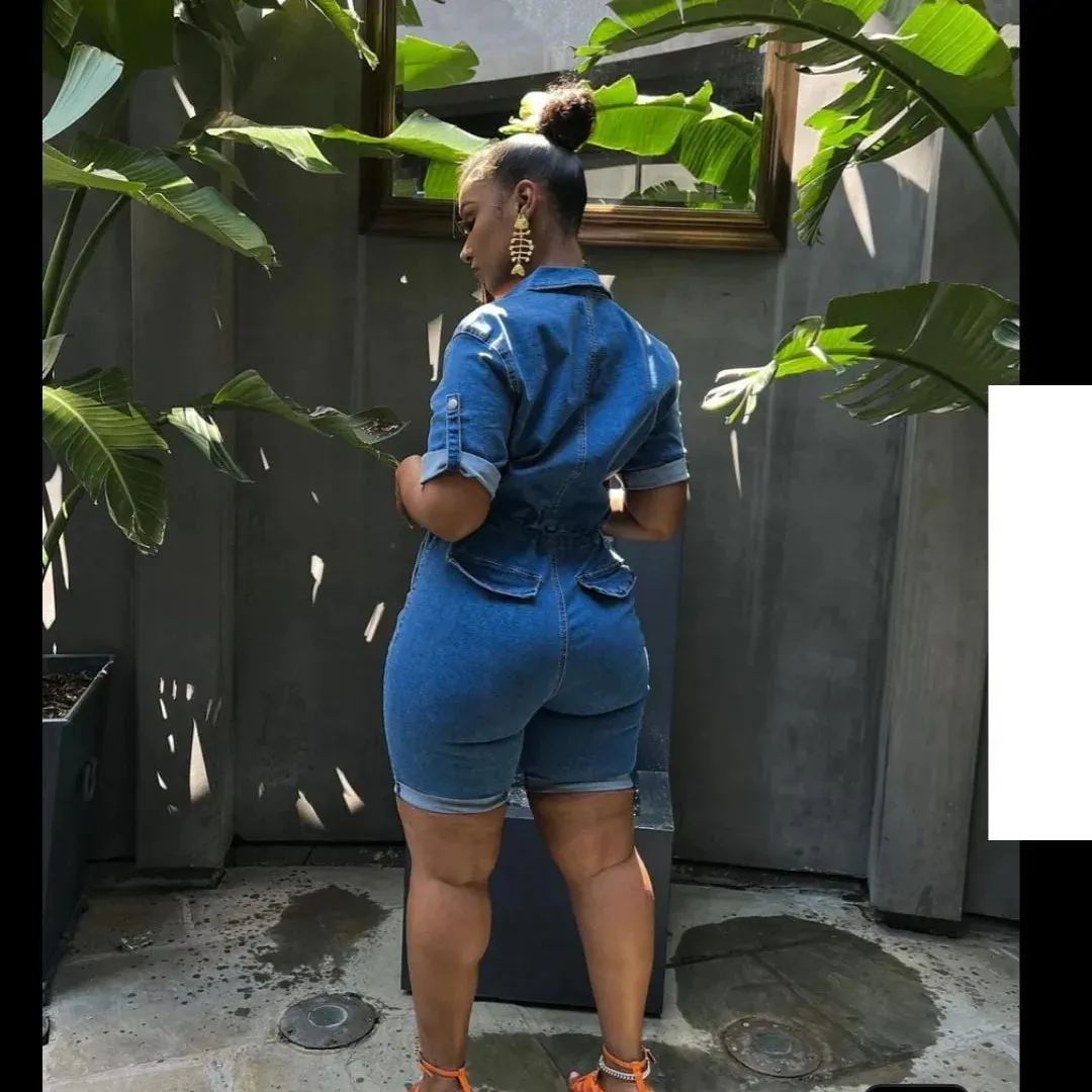 Short Denim Zipper Jumpsuit - Image 5