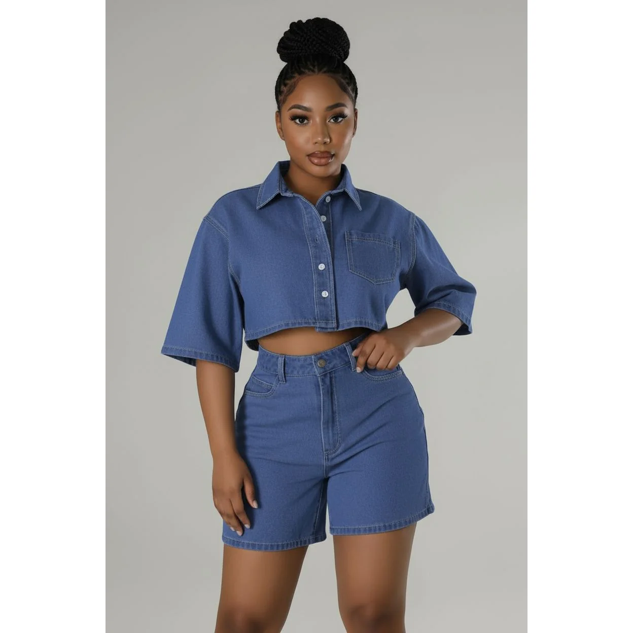 Denim Bermuda & Top Crop Jacket 2 Piece Set - Image 2