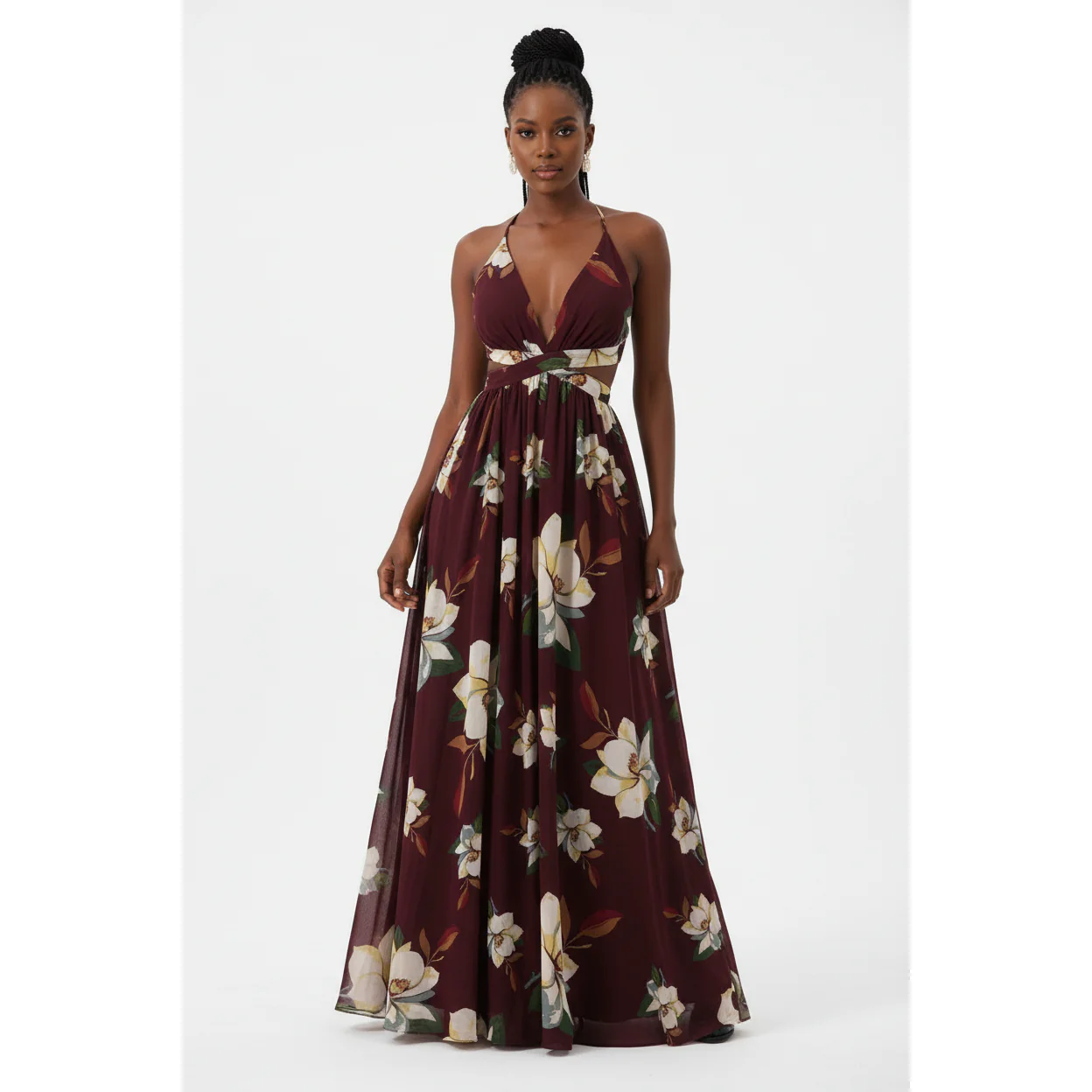 Deep V-Neck Backless Floral Maxi Dress