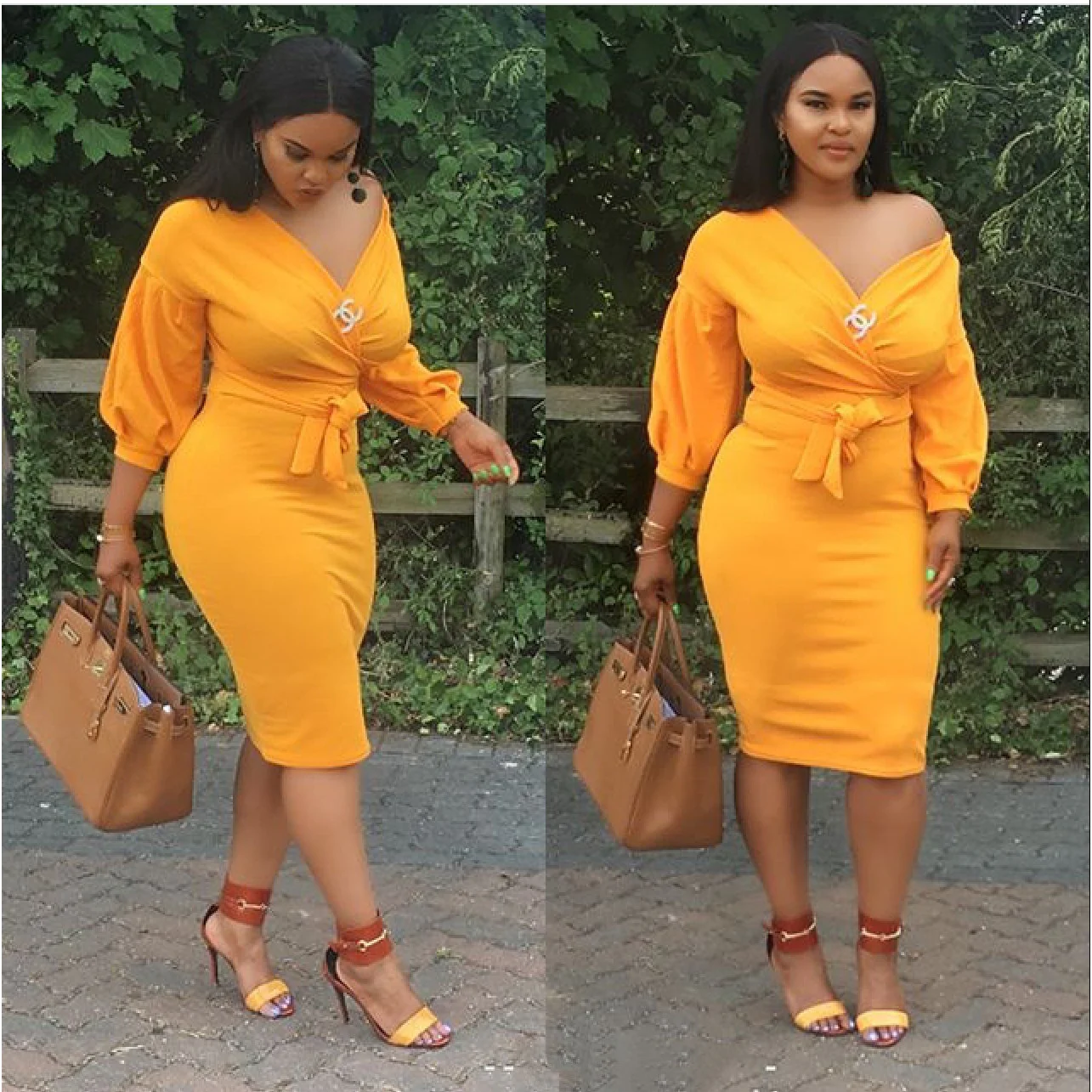 Deep V-Neck Cold Shoulder Bodycon Dress - Image 3