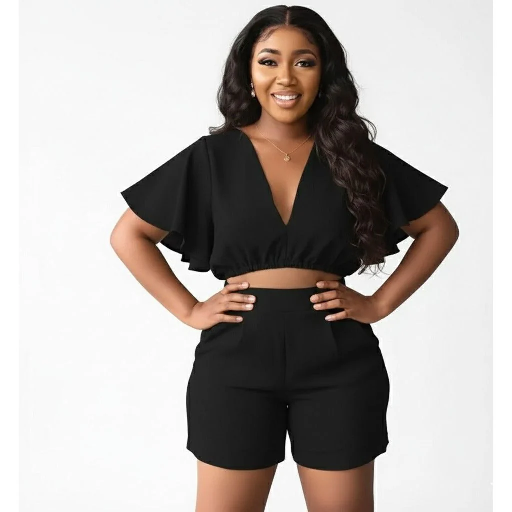 Deep V-Neck Crop Top and Short Set - Image 2