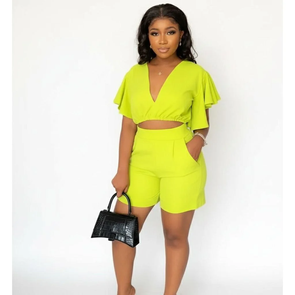 Deep V-Neck Crop Top and Short Set - Image 3