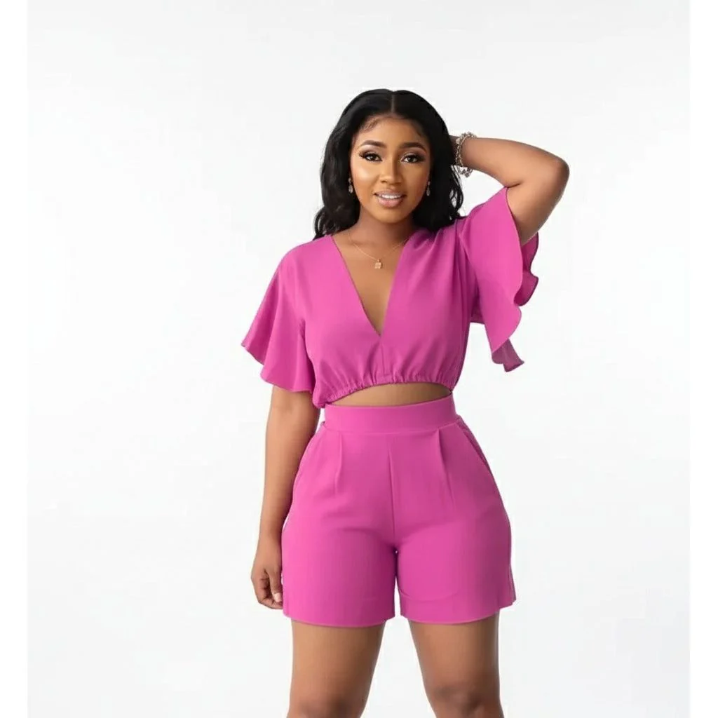 Deep V-Neck Crop Top and Short Set - Image 4