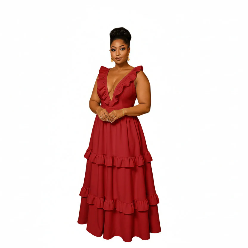 Deep V-neck Sleeveless Ruffle Maxi Dress - Image 4