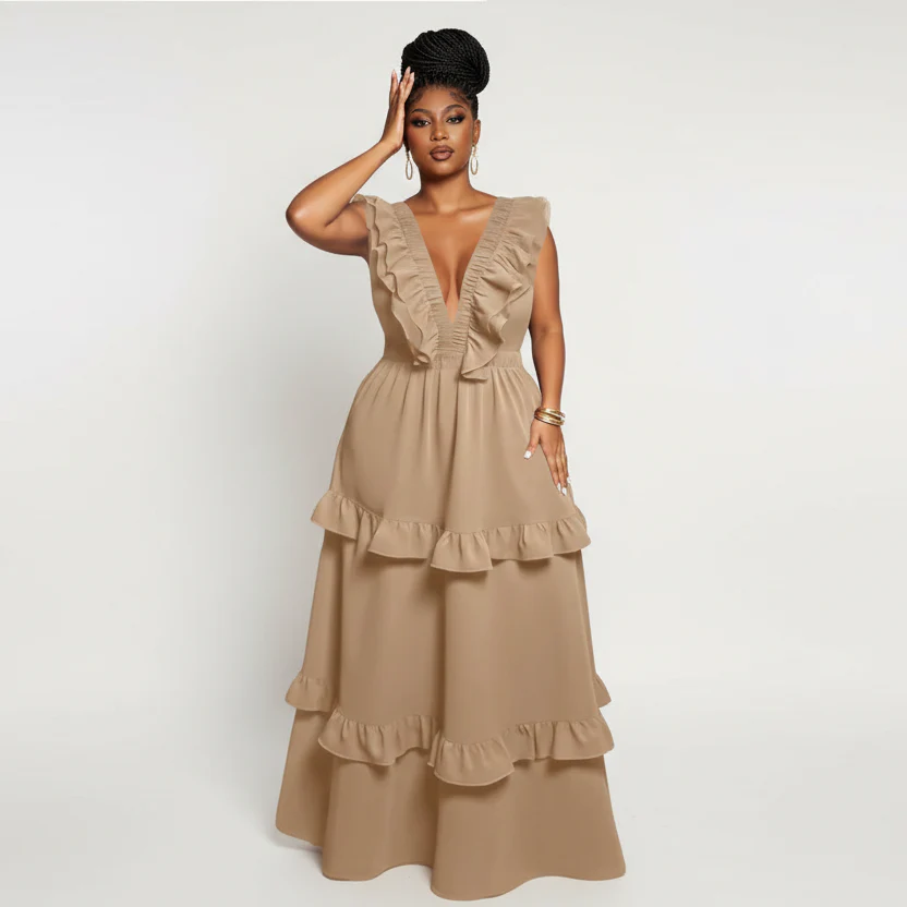 Deep V-neck Sleeveless Ruffle Maxi Dress - Image 5
