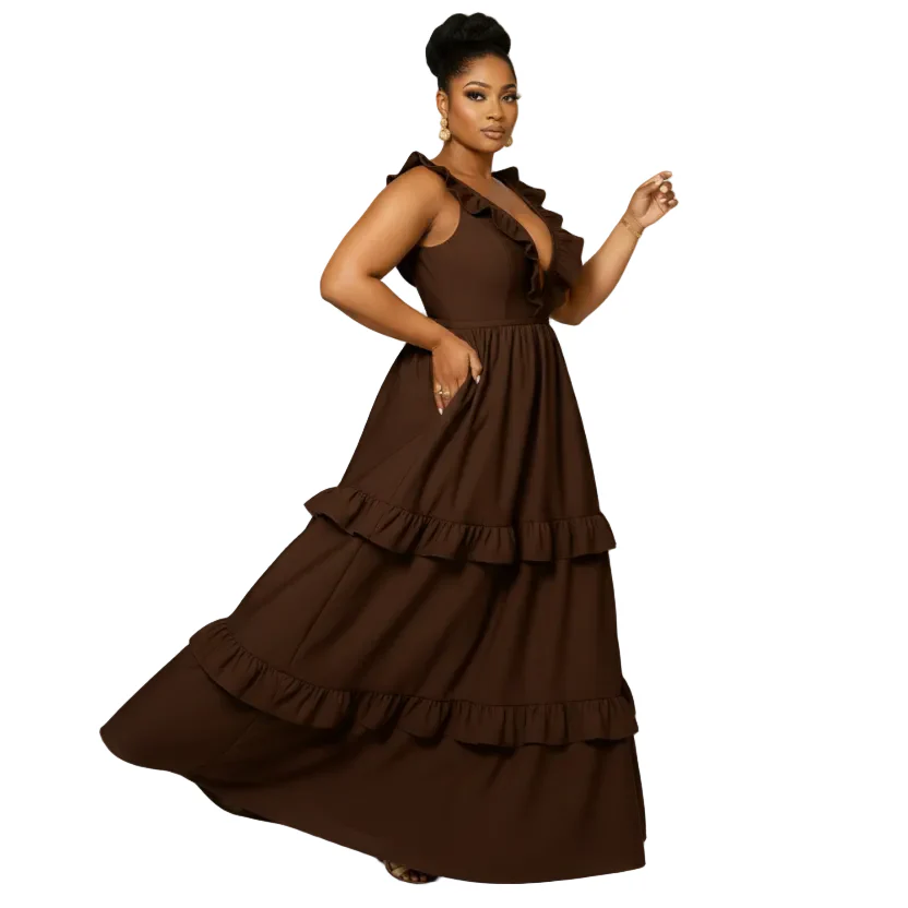 Deep V-neck Sleeveless Ruffle Maxi Dress