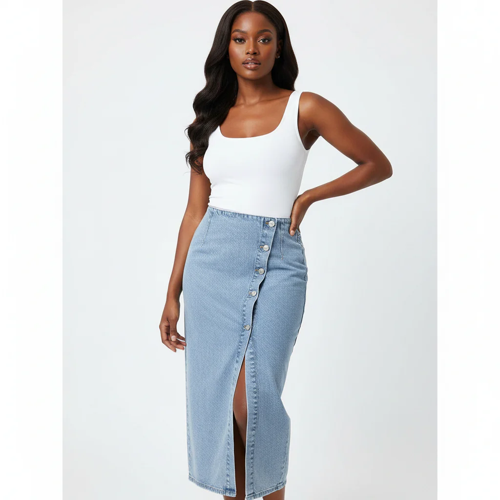 Denim Buttoned Slit Skirt - Image 2