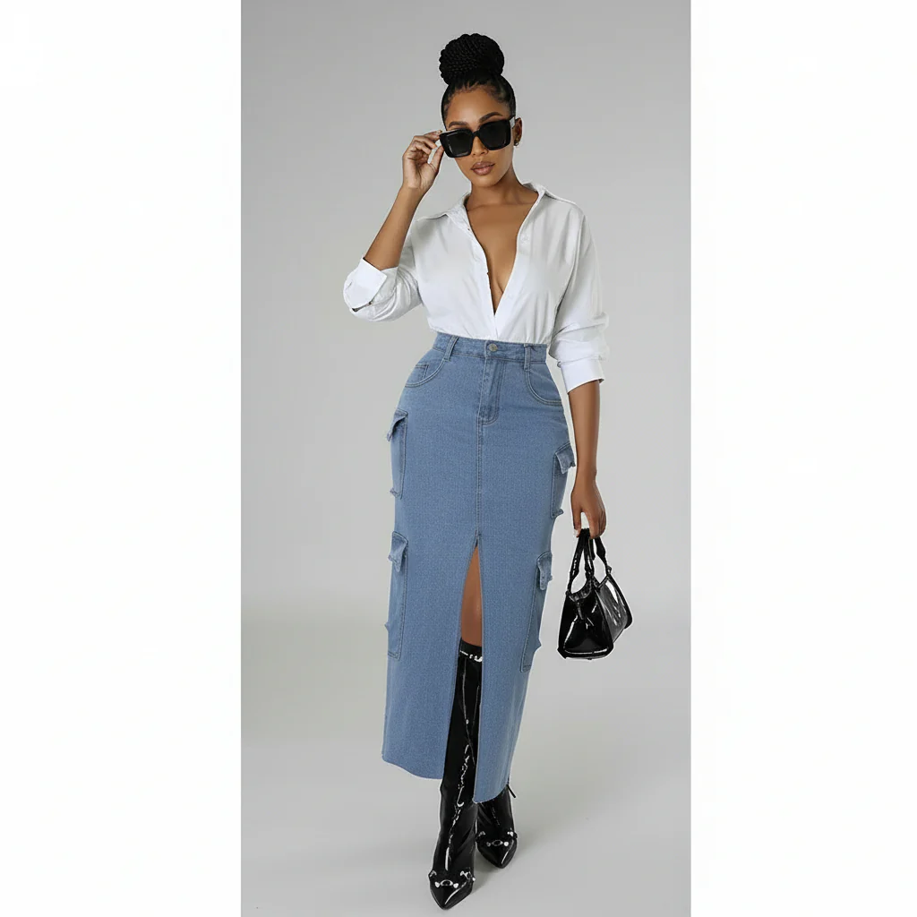 Denim Cargo Slit Skirt - Image 2