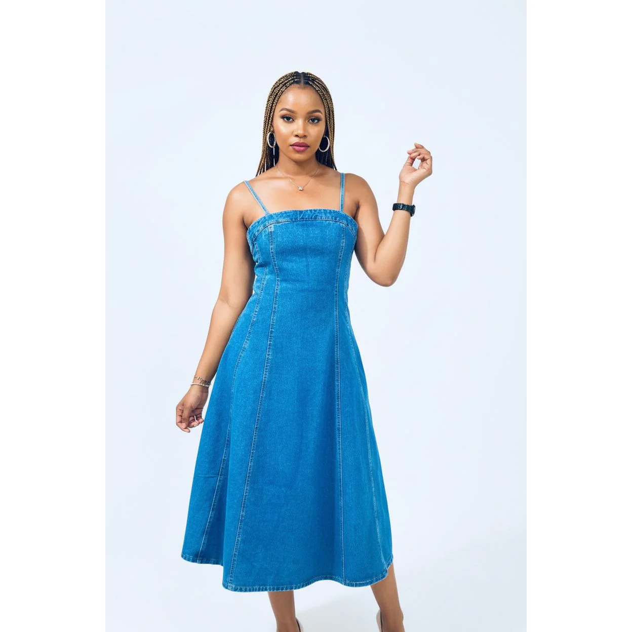 Light Blue Coated Denim Balloon Midi Dress - Image 2