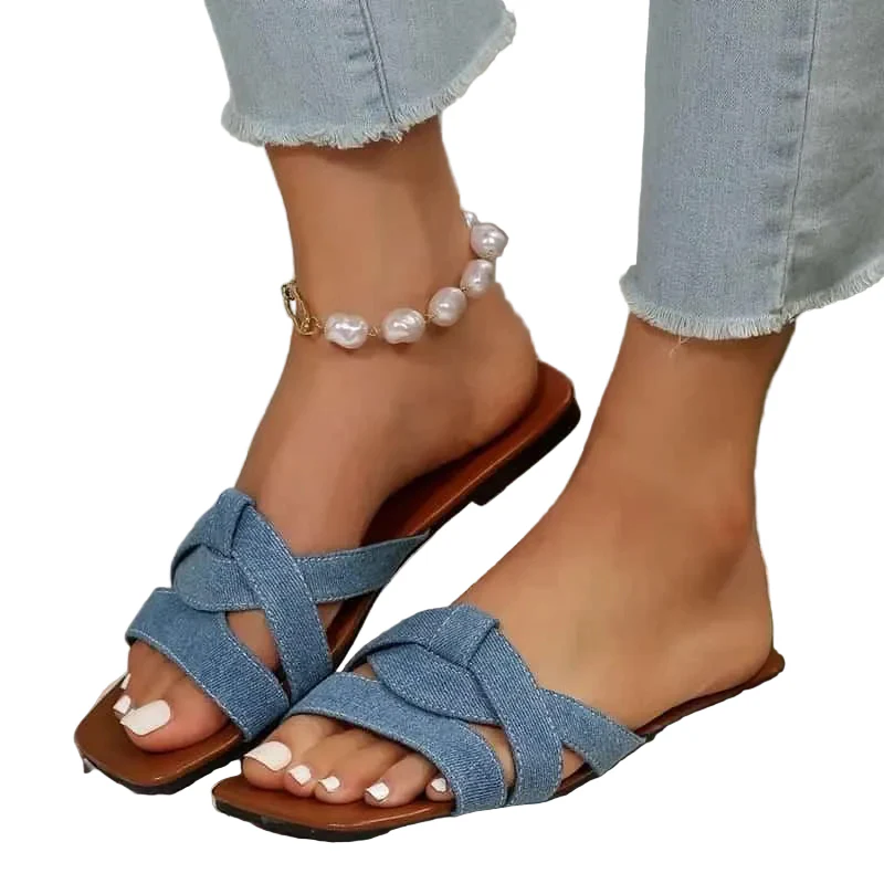 Denim Flat Sandals - Image 3