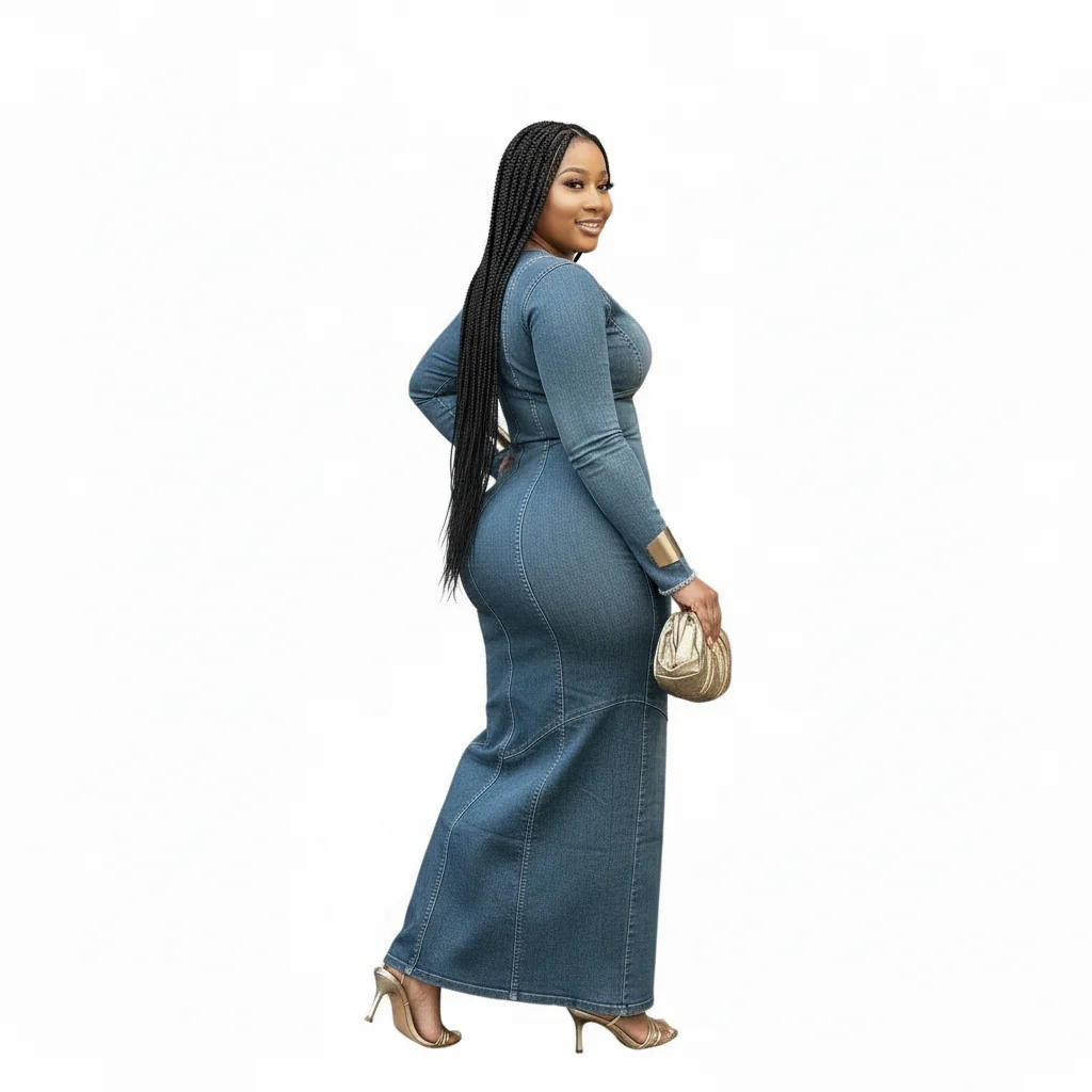 Denim Long Sleeve  Bodycon Dress - Image 3