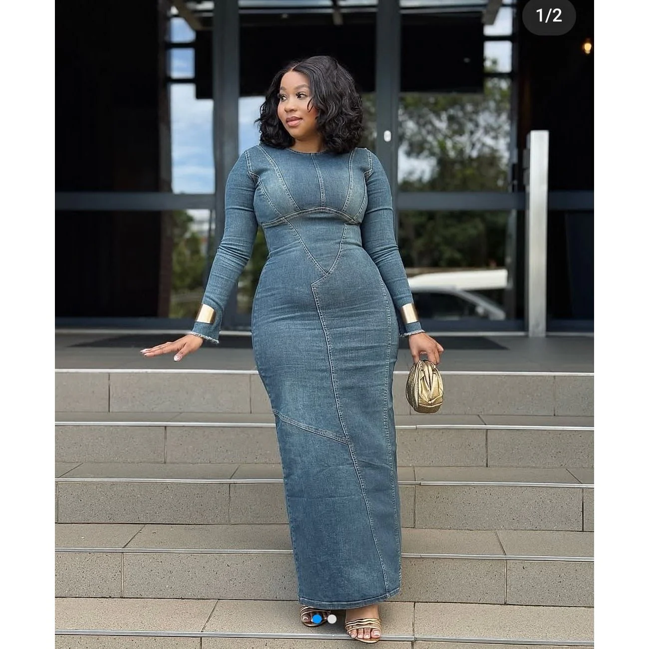 Denim Long Sleeve  Bodycon Dress - Image 4