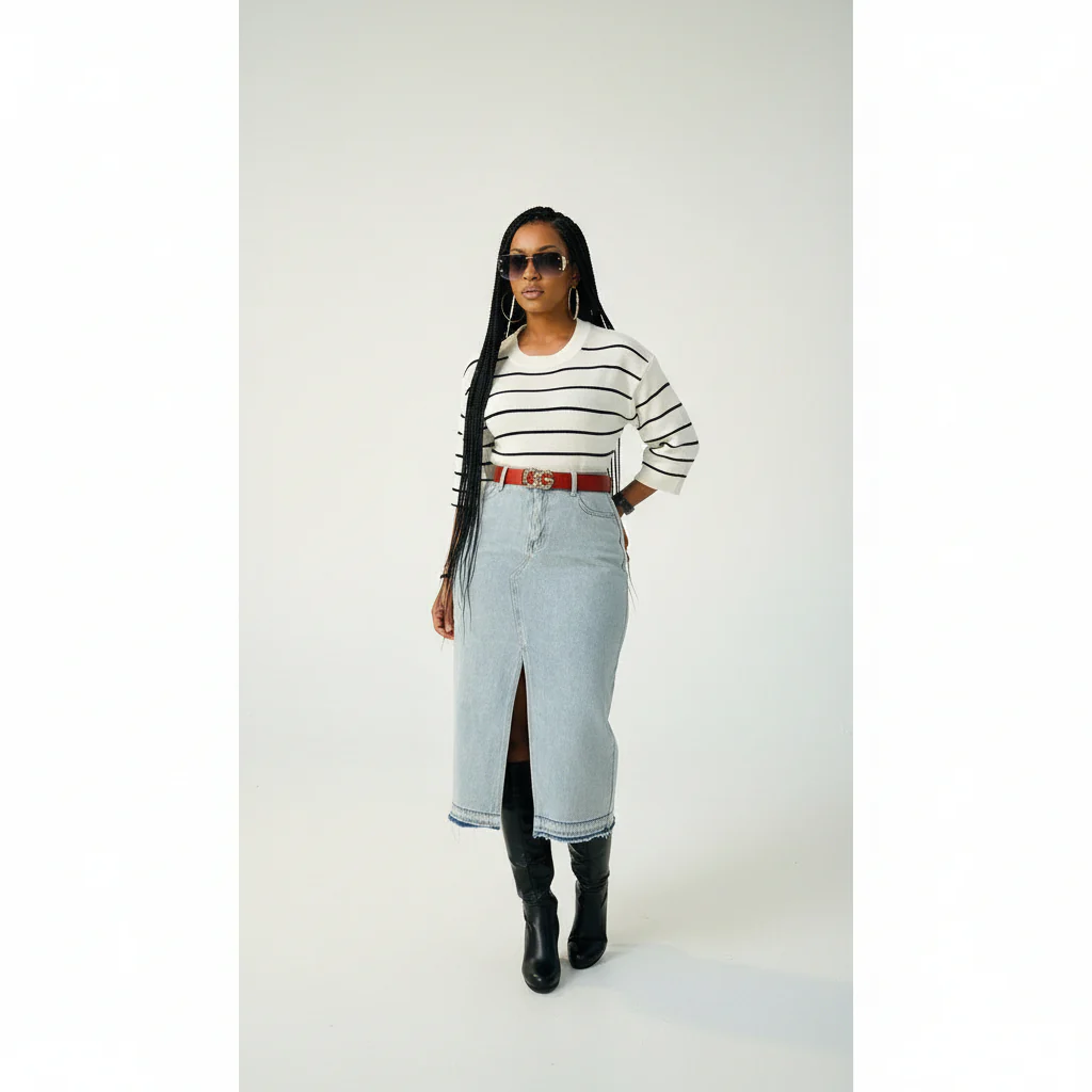Denim Midi Slit Cut Skirt - Image 4