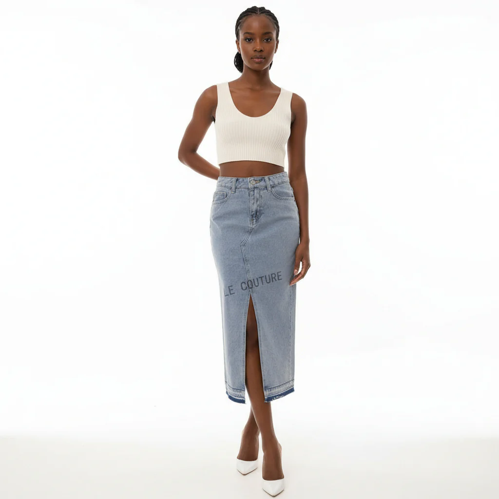 Denim Midi Slit Cut Skirt - Image 6