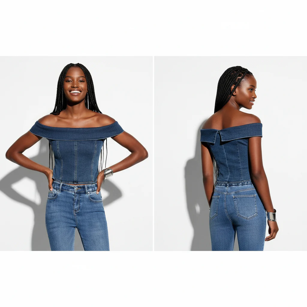 Denim Off-Shoulder Bustier Top. - Image 2