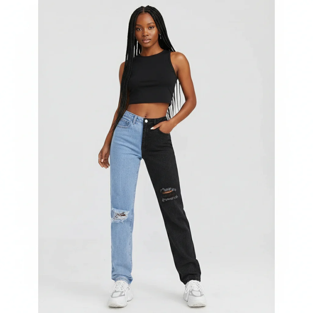 Denim Ripped Half Color Jean