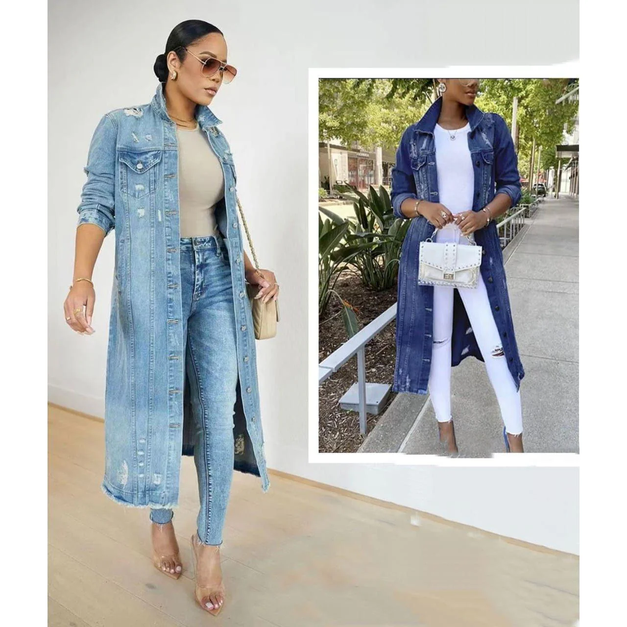 Denim Ripped Long Cardigan - Image 3