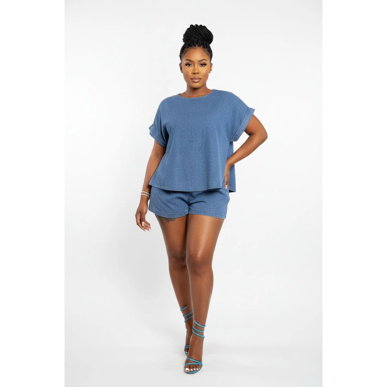 Denim Short Sleeve Top & Pants 2 Piece Set - Image 2