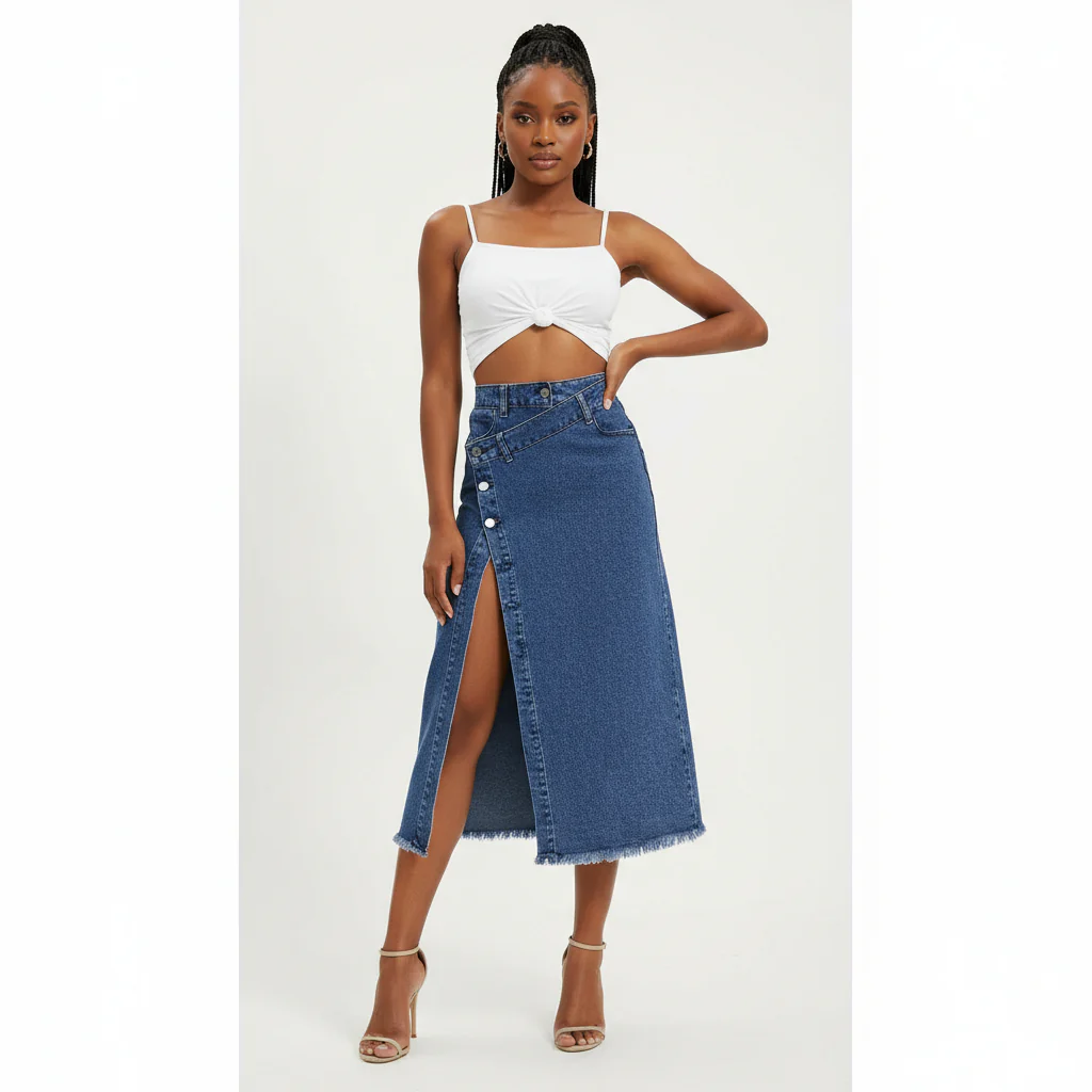 Denim Side Buttons Midi Slit Cut Skirt - Image 2