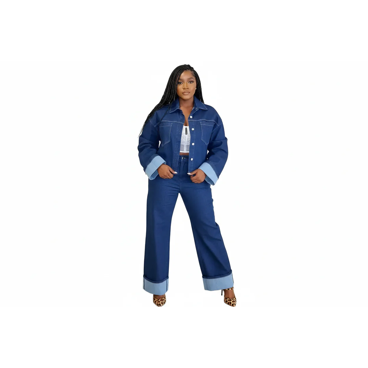 Denim Solid Color 2 Piece Suit Set. - Image 3