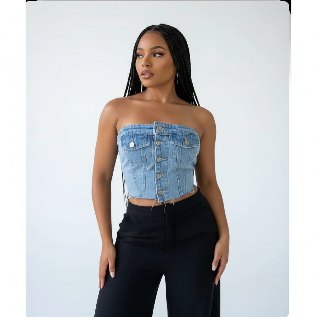 Denim Summer Single Breasted Strapless Crop Top - Image 5