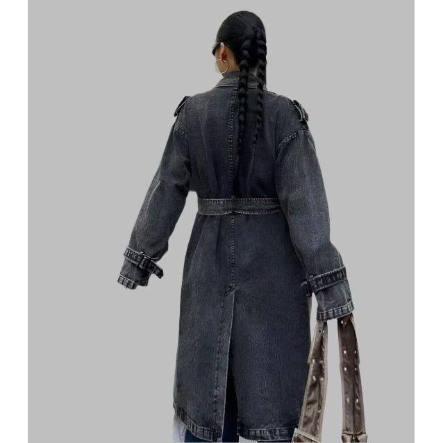 Denim Trench Belt On Waist Double-breasted Long Jackets - Image 4
