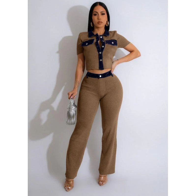 Long Jean Outfits Short Shoulder Denim Two Piece Set - Image 3