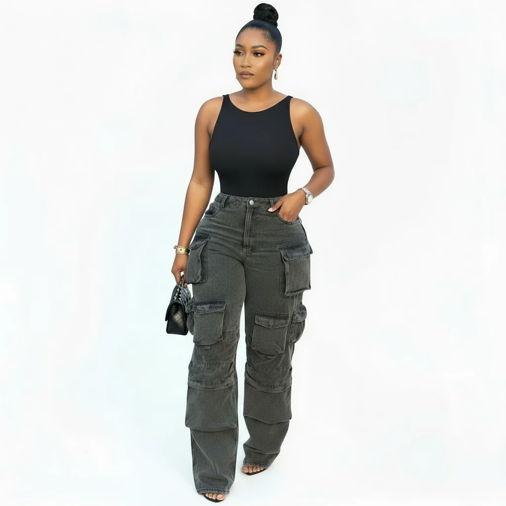 Denim Washed Multi-Pocket Pants.