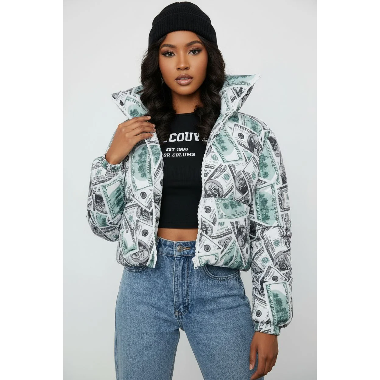 Dollar Print Zip Up Puffer Coat - Image 2