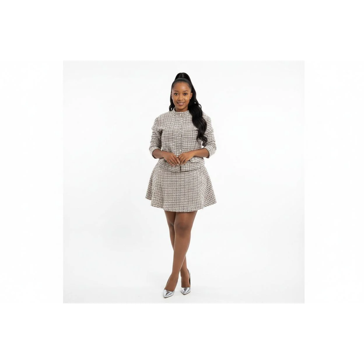 Double Breasted Crop Tweed Blazer & Pleated Short Skirt - Image 5