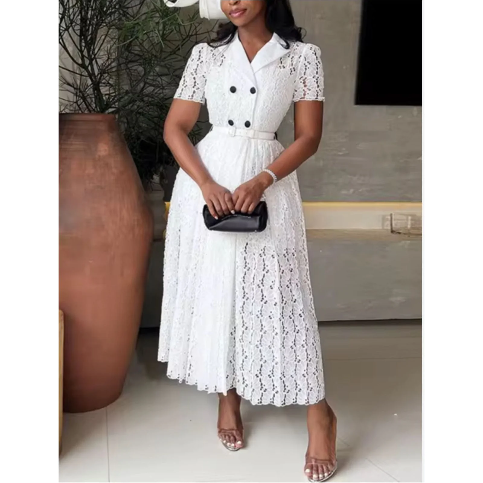 Double Breasted Suit Collar Short Sleeve Dress - Image 2