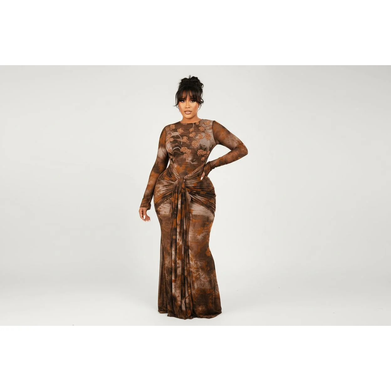 Draped Knotted Waist Mesh Maxi Dress - Image 5