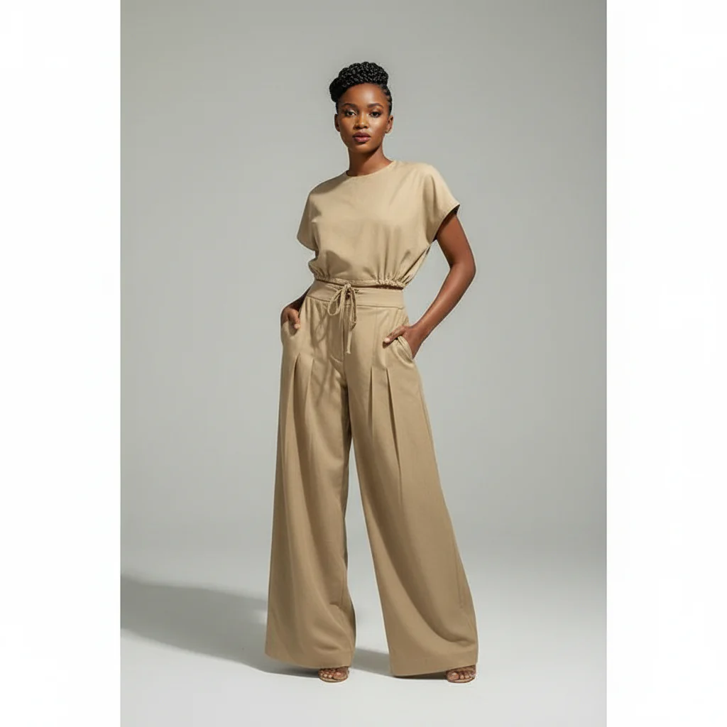 Drawstring Pants Crop Top Linen Set - Image 2