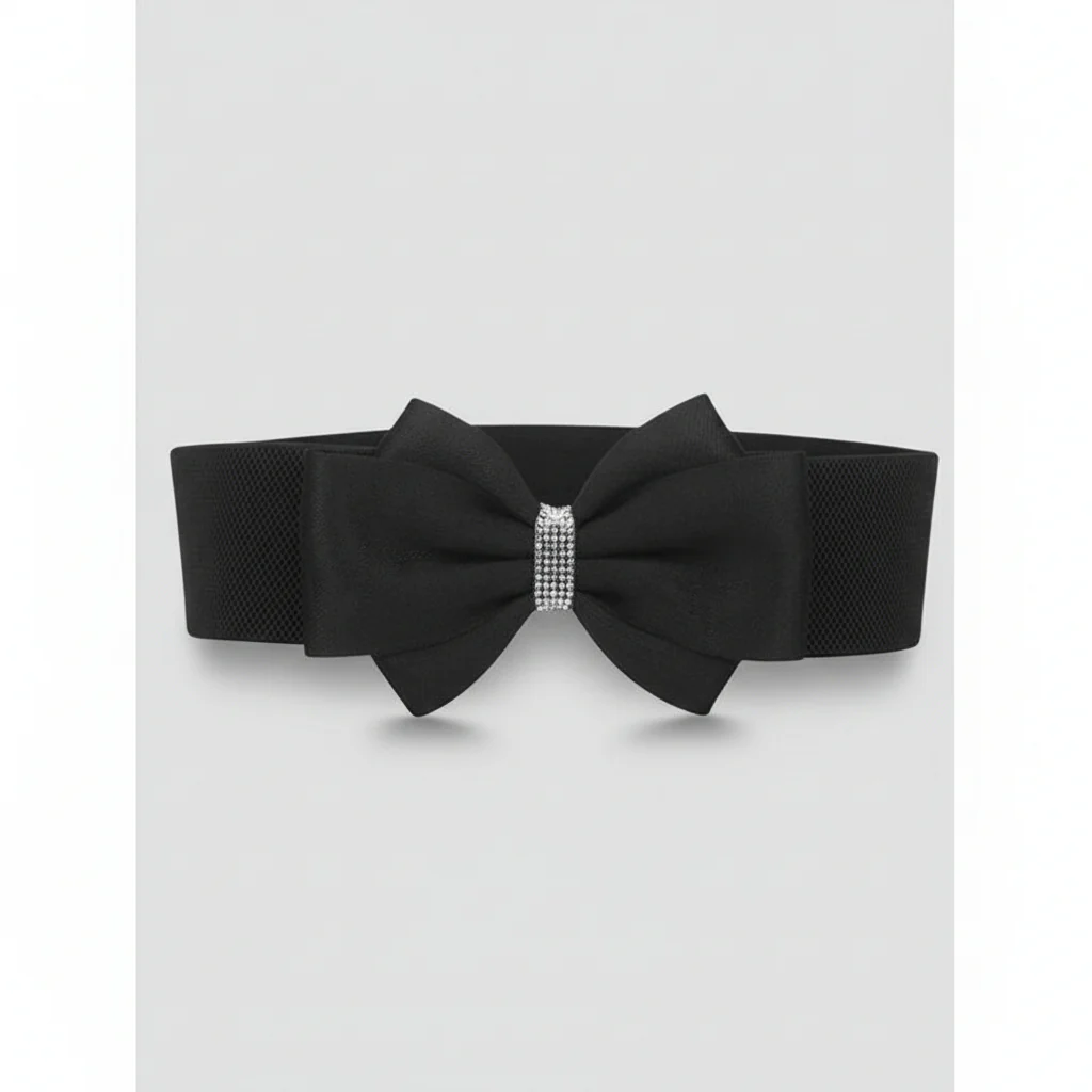 Elastic Wide Waist Belt with Large Floral Chiffon Bow - Image 2