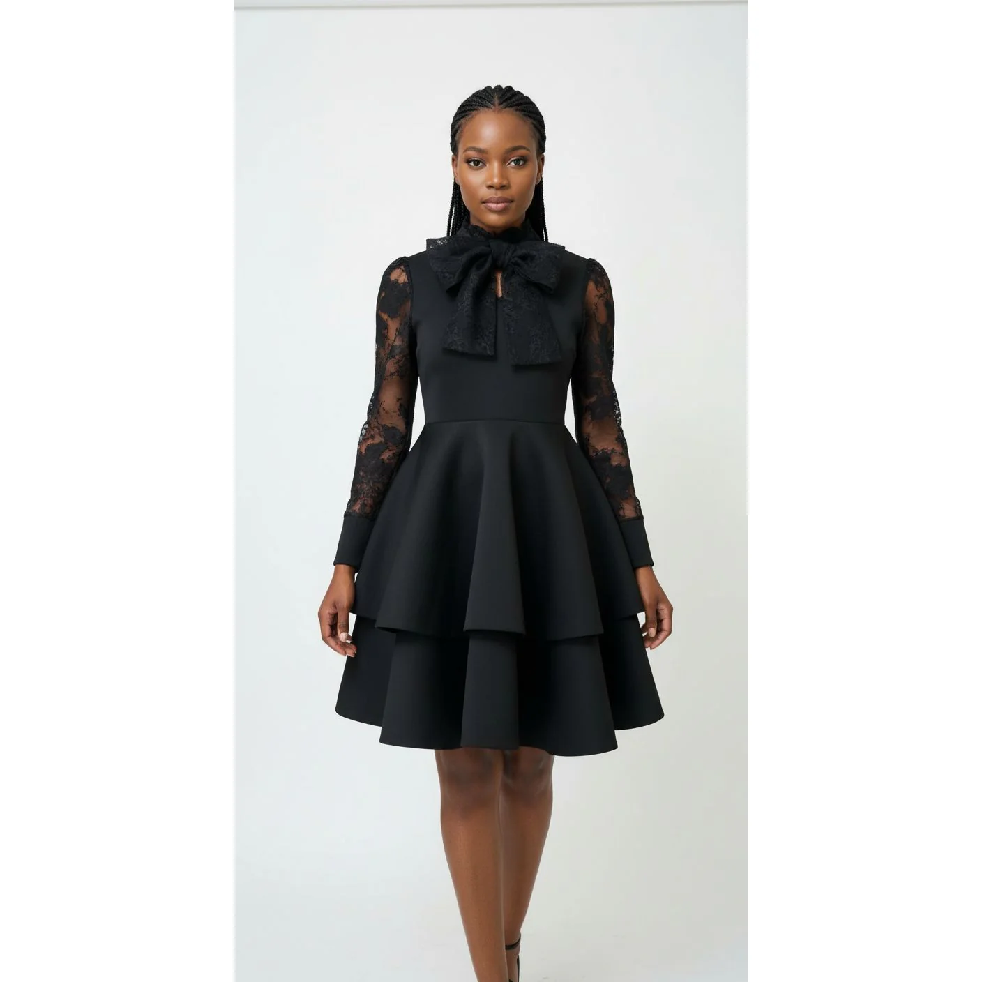 Elegant Big Bow Neck Design Knee Length Dress - Image 2