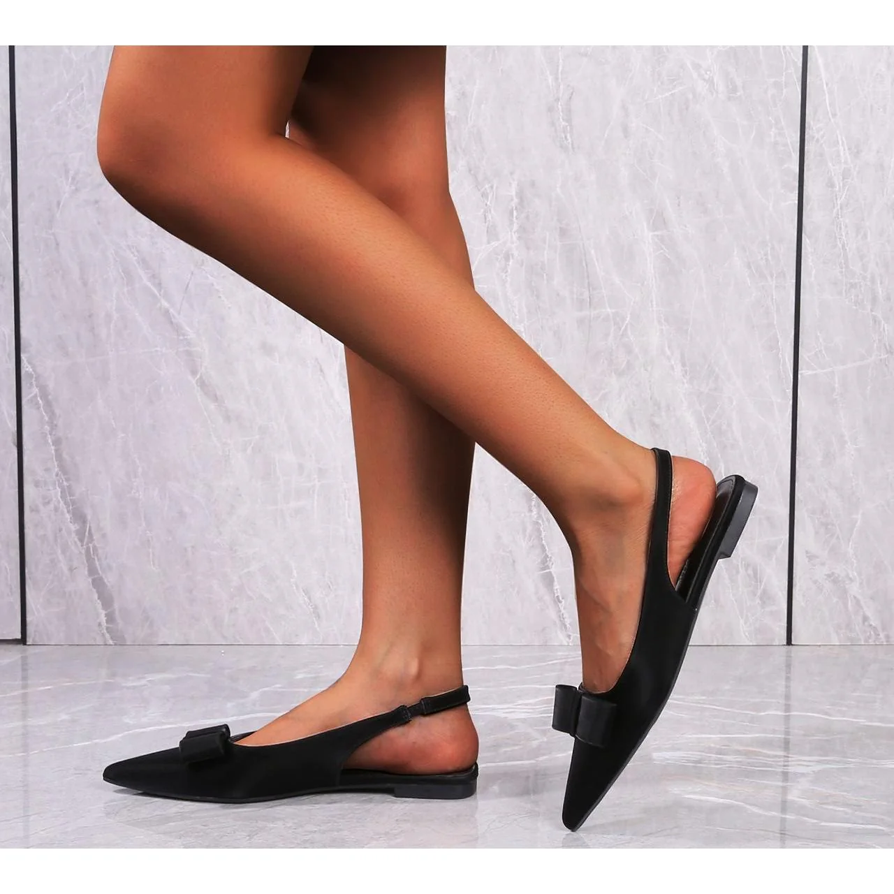 Satin Pointed-Toe Slingback Heels with Bow Detail - Image 4